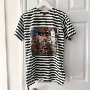 I AM Vintage Green White Stripe Country Town Street Scene Beaded 3D Shirt Small